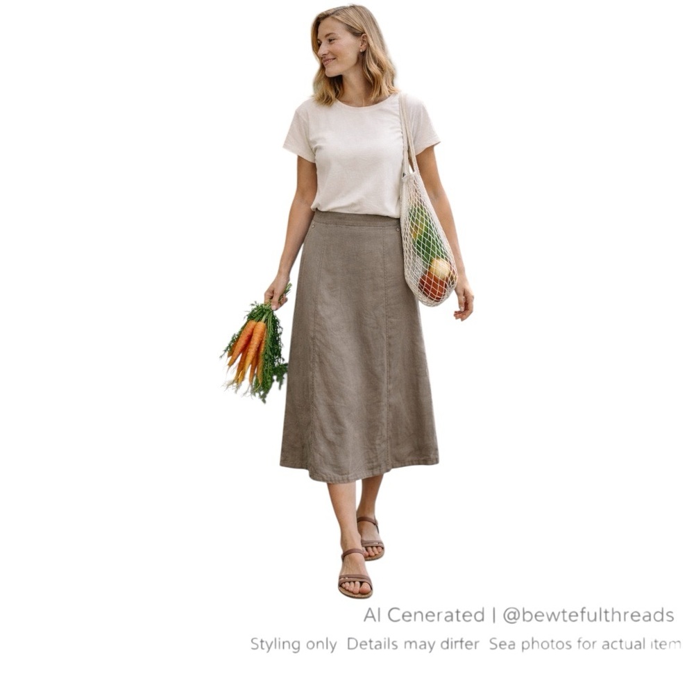 Hemp Cotton Khaki Midi Skirt L XL A-Line Panel Minimal Capsule Natural